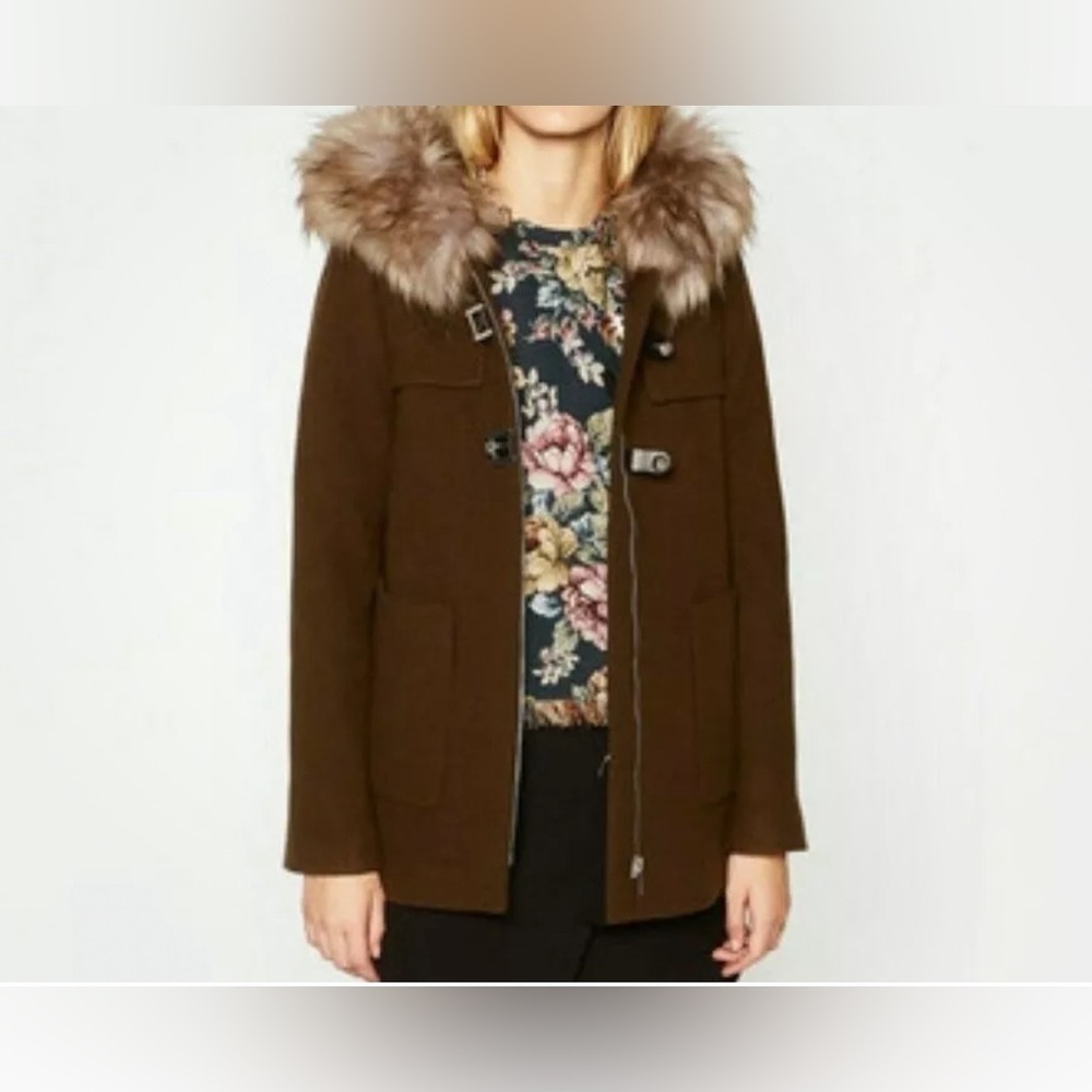 ZARA khaki army green faux fur trim hood duffle coat size XS